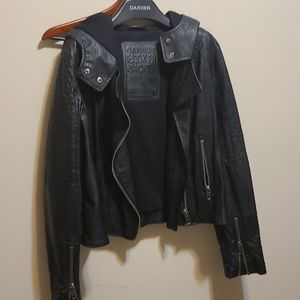Faux leather hooded biker jacket